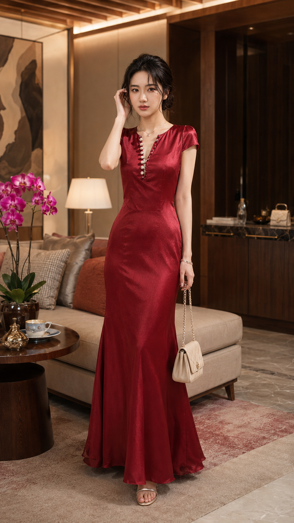 Đầm Lụa Dự Tiệc Tay Dài Phối Nút Ruby