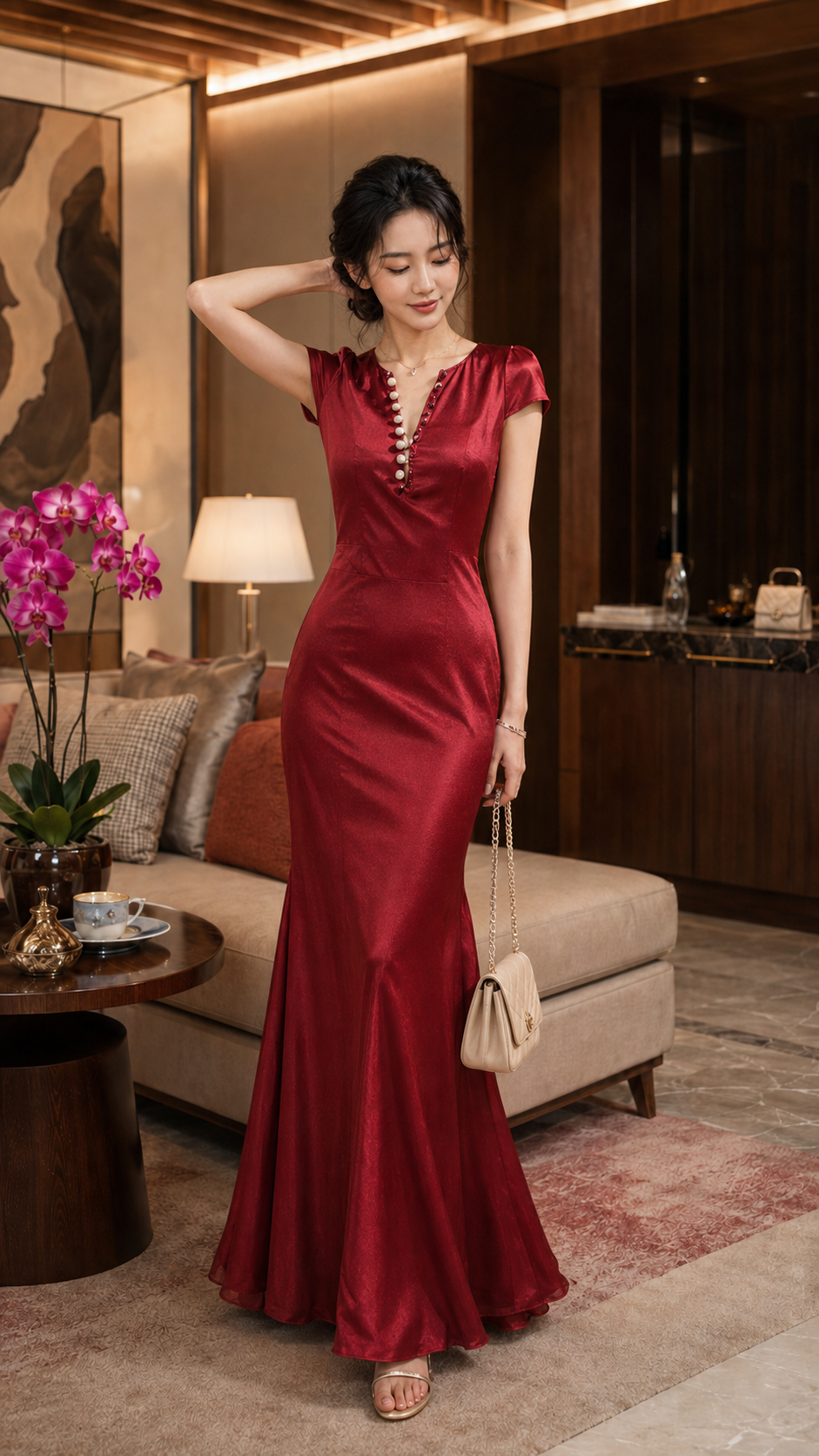 Đầm Lụa Dự Tiệc Tay Dài Phối Nút Ruby