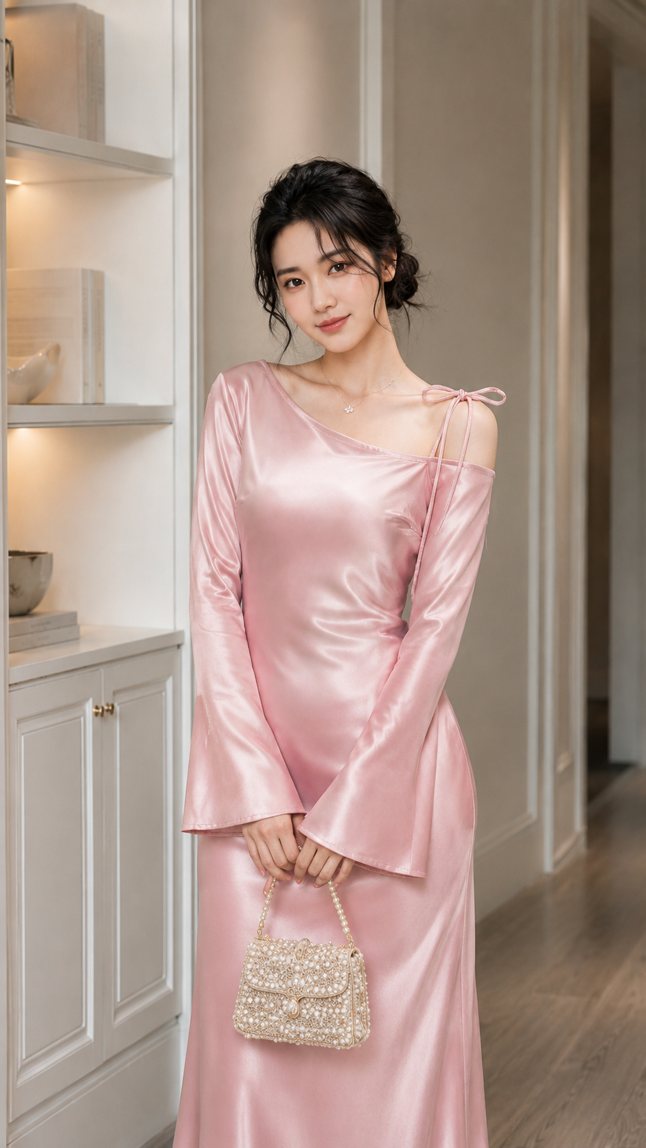 Đầm Lụa Dự Tiệc Tay Dài Trễ Vai Phối Thắt Nơ Sang Trọng TN3083
