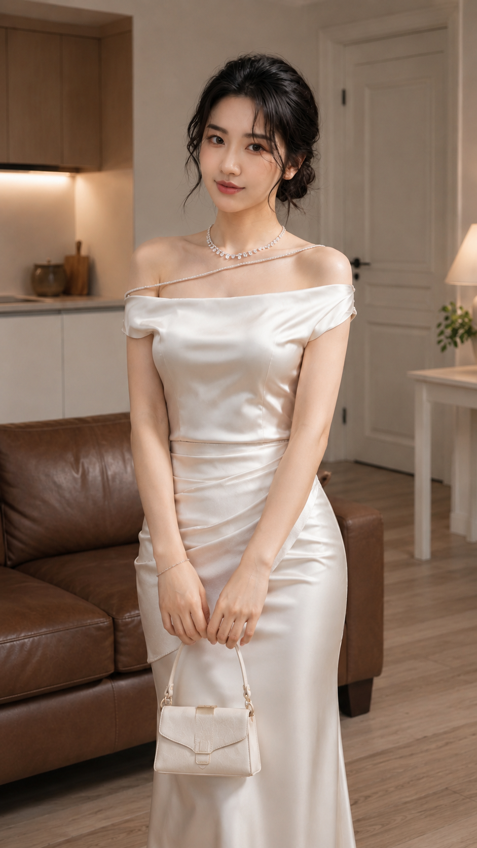 Đầm Lụa Lệch Vai Dáng Dài Sang Chảnh
