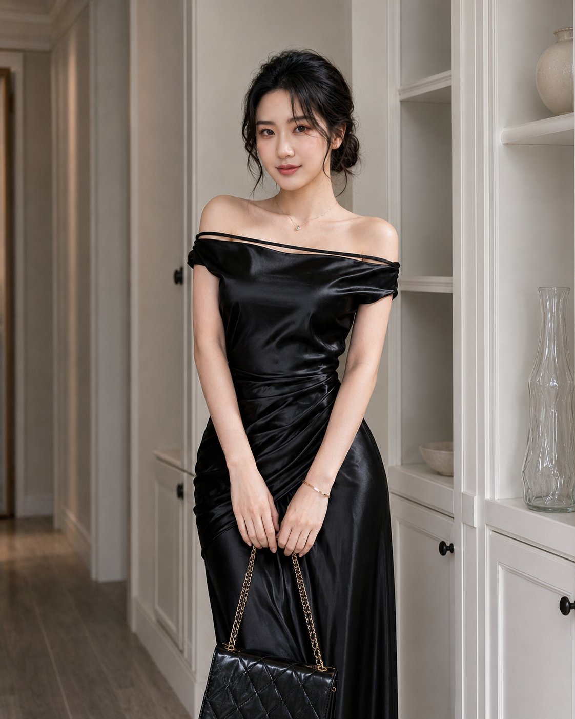 Đầm Lụa Lệch Vai Dáng Dài Sang Chảnh