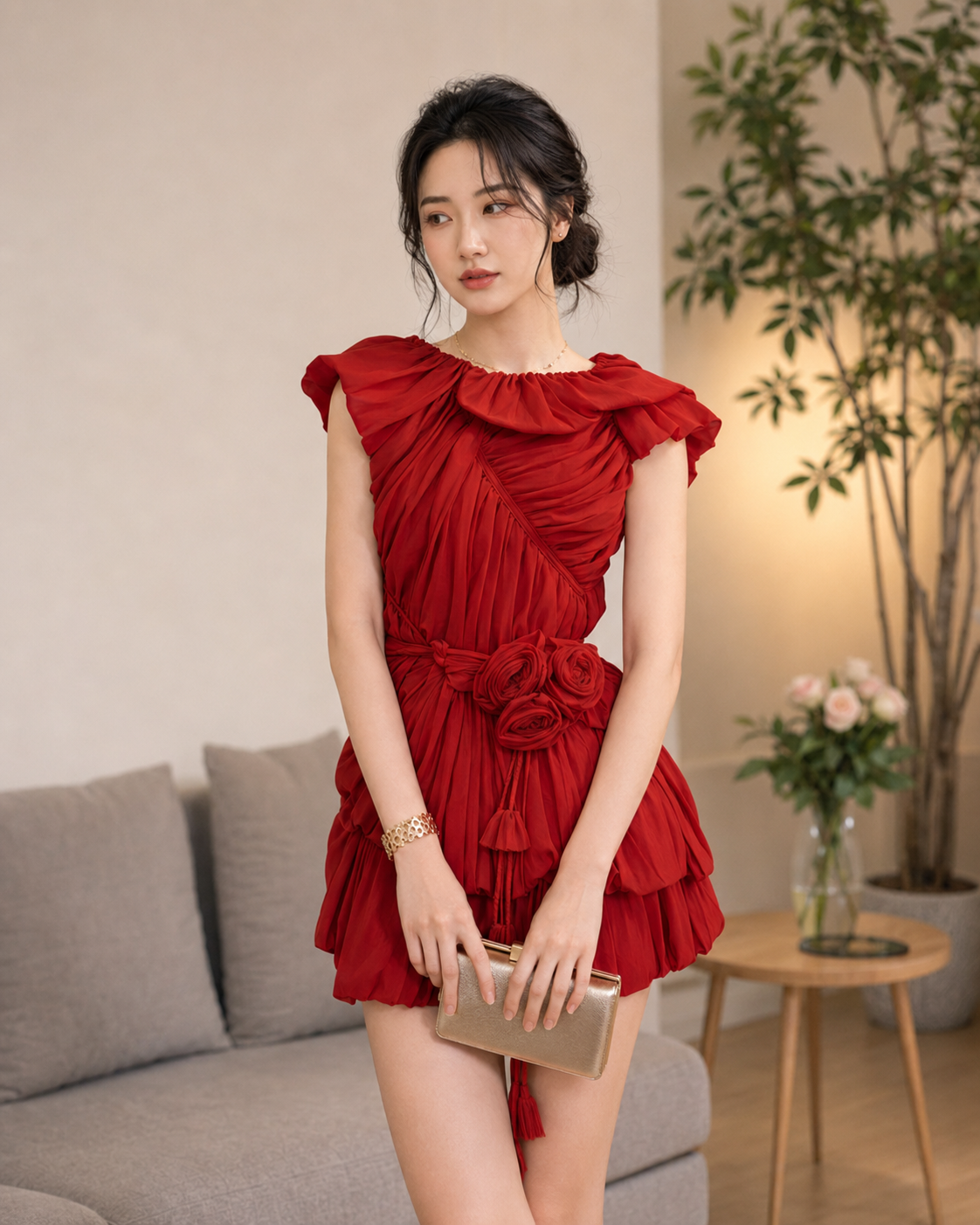 Đầm Nhún Thân Phồng Kèm Dây Hoa, Đầm Váy Tiểu Thư Phom Dáng Độc Đáo, Đầm Váy Đi TiệcTN1575