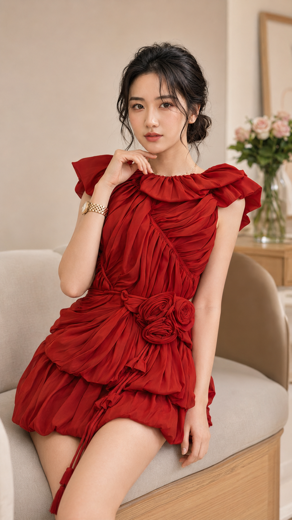 Đầm Nhún Thân Phồng Kèm Dây Hoa, Đầm Váy Tiểu Thư Phom Dáng Độc Đáo, Đầm Váy Đi TiệcTN1575