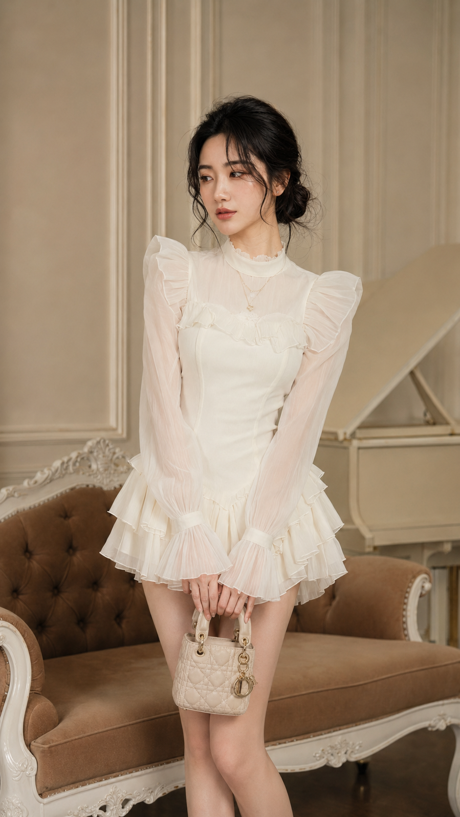 Đầm Tay Dài Bồng Đính Nơ Cổ Tròn Phom Ngắn, Đầm Thu Đông Tay Dài Tiểu Thư, Đầm Dự Tiệc Sang Chảnh TN1582