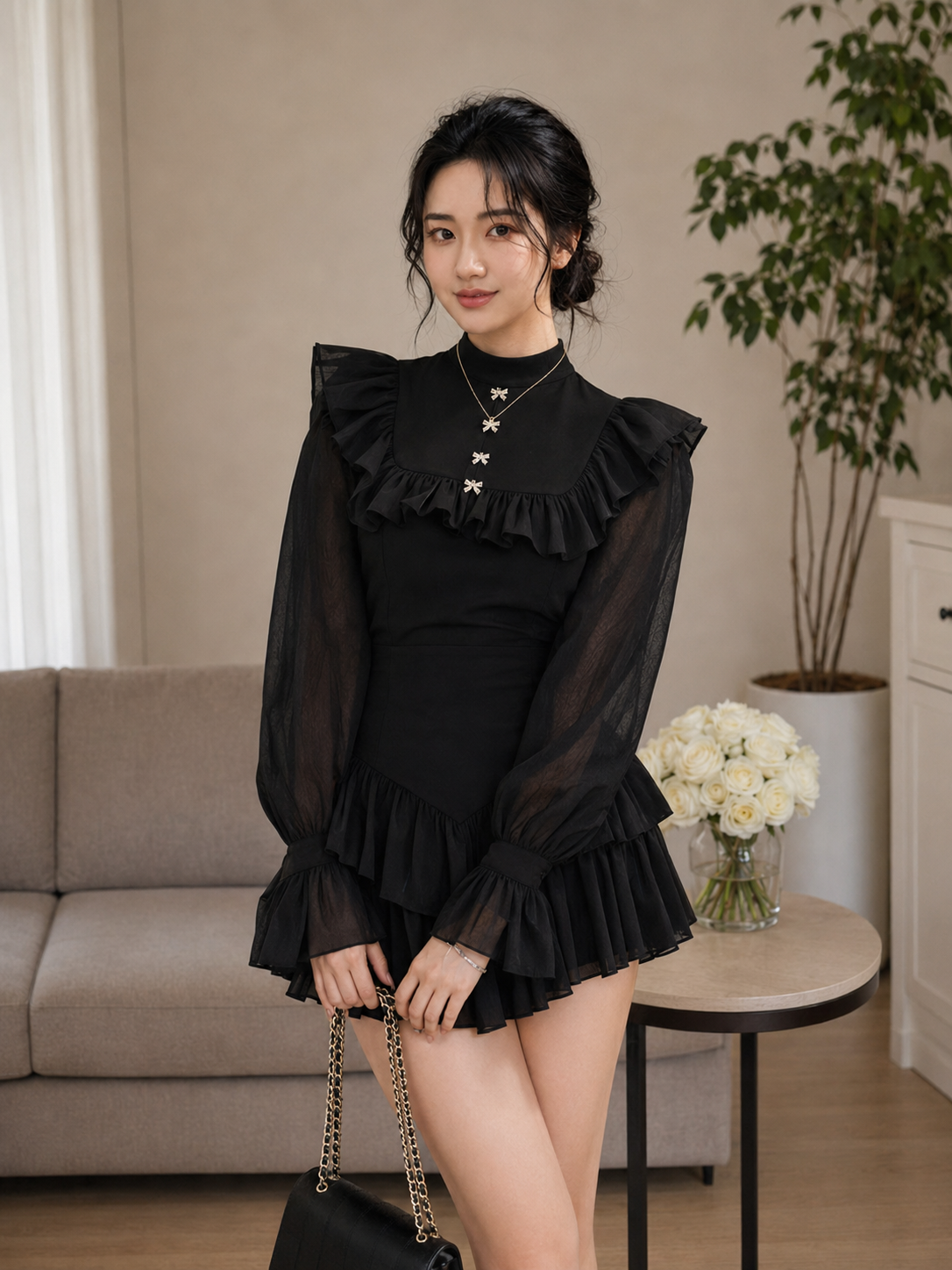 Đầm Tay Dài Bồng Đính Nơ Cổ Tròn Phom Ngắn, Đầm Thu Đông Tay Dài Tiểu Thư, Đầm Dự Tiệc Sang Chảnh TN1582