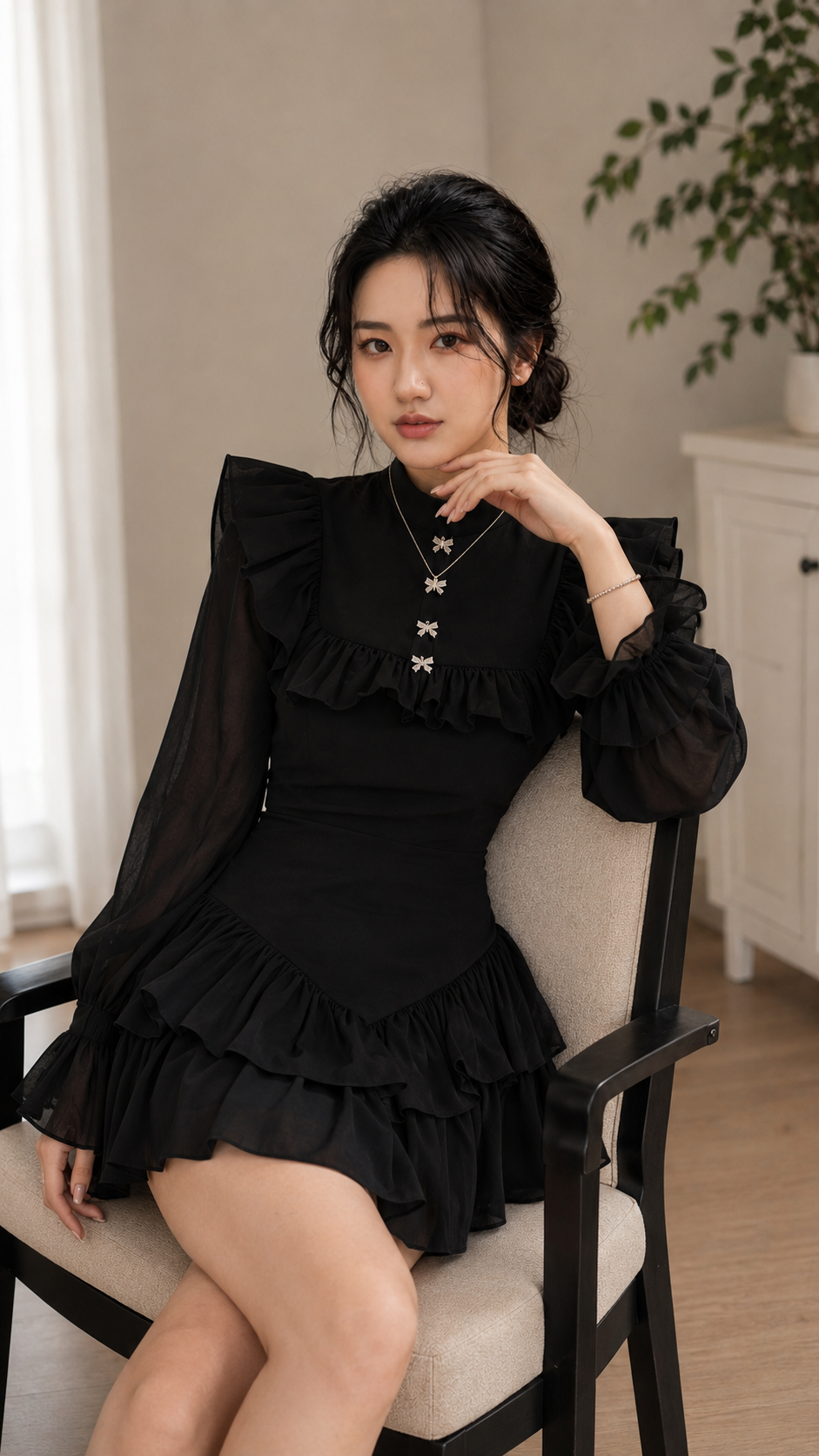 Đầm Tay Dài Bồng Đính Nơ Cổ Tròn Phom Ngắn, Đầm Thu Đông Tay Dài Tiểu Thư, Đầm Dự Tiệc Sang Chảnh TN1582