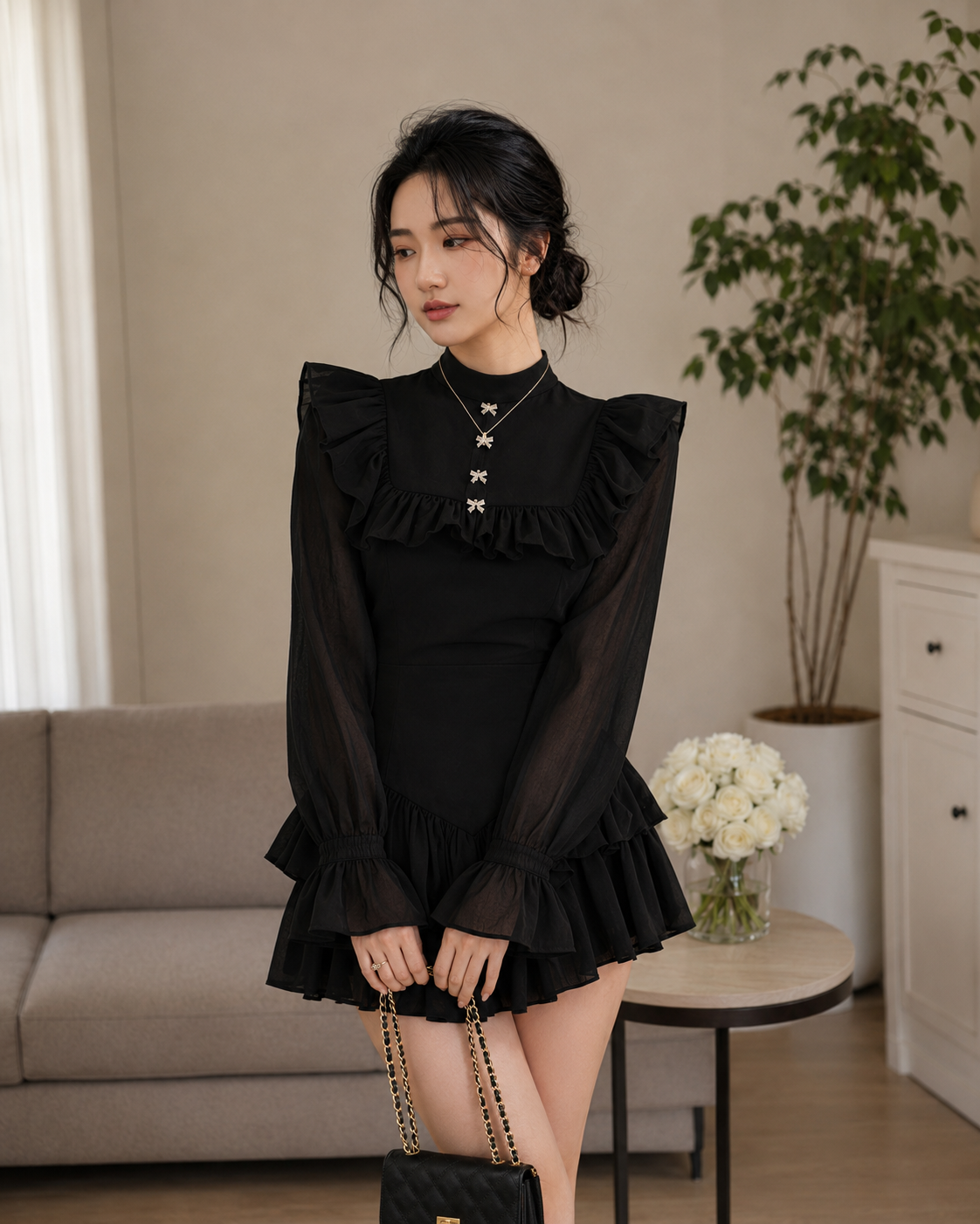 Đầm Tay Dài Bồng Đính Nơ Cổ Tròn Phom Ngắn, Đầm Thu Đông Tay Dài Tiểu Thư, Đầm Dự Tiệc Sang Chảnh TN1582