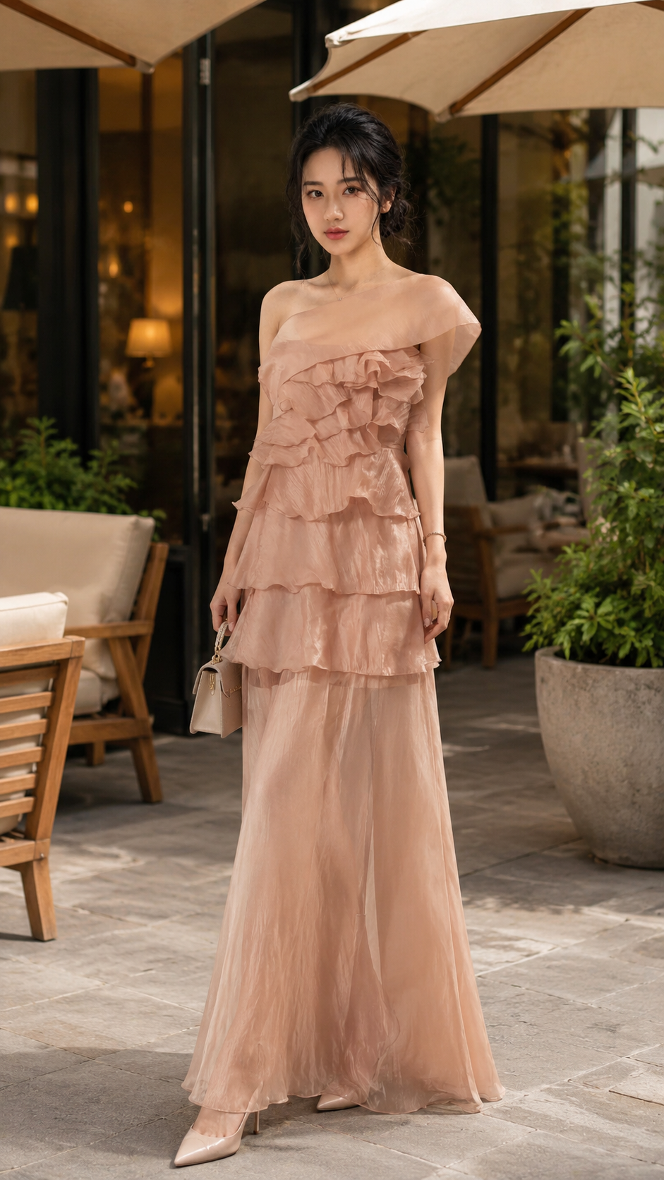 Đầm Tơ Lệch Vai Nhún Bèo ROSALIE RUFFLE TN3294