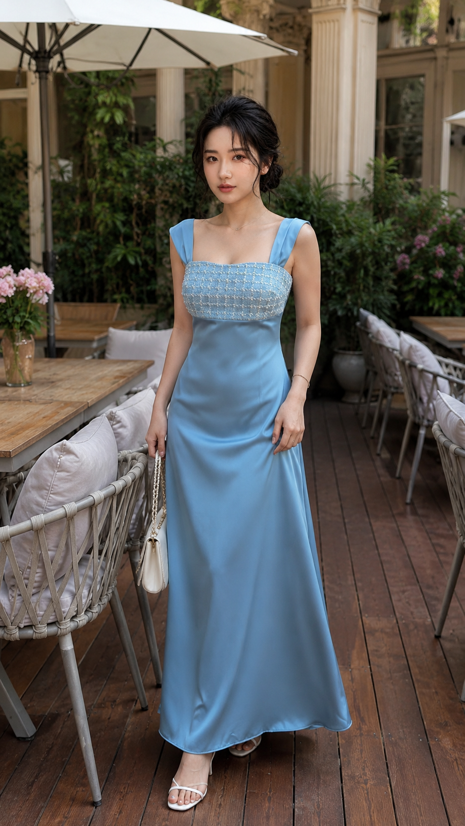 Đầm lụa dáng dài phối kim sa thiết kế 2 dây