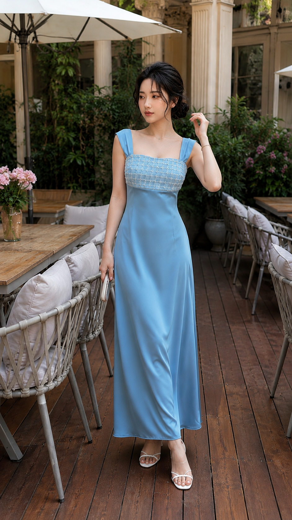 Đầm lụa dáng dài phối kim sa thiết kế 2 dây