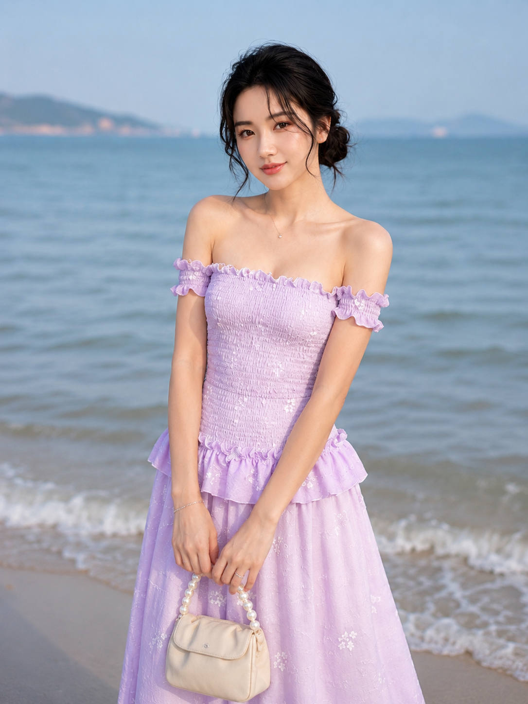 Đầm maxi tơ thêu hoa dây nhún trễ vai dáng dài đi biển TN3155
