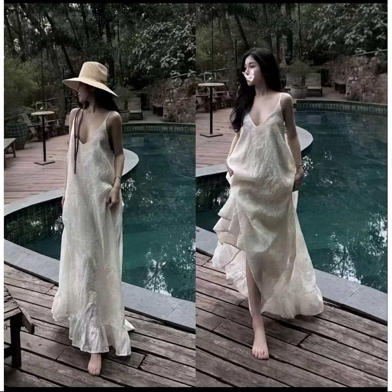 Đầm ren thêu hoa 2 dây maxi tùng xòe cổ V đi biển sang chảnh TN3182