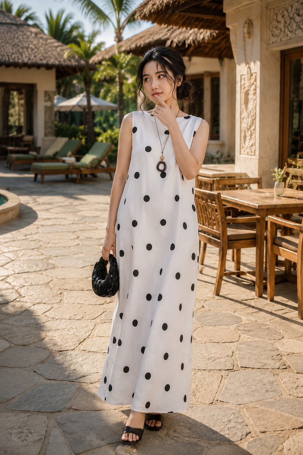 MAXI SUÔNG KEM CHẤM BI CỔ V SAU LƯNG THẮT NƠ TN3319