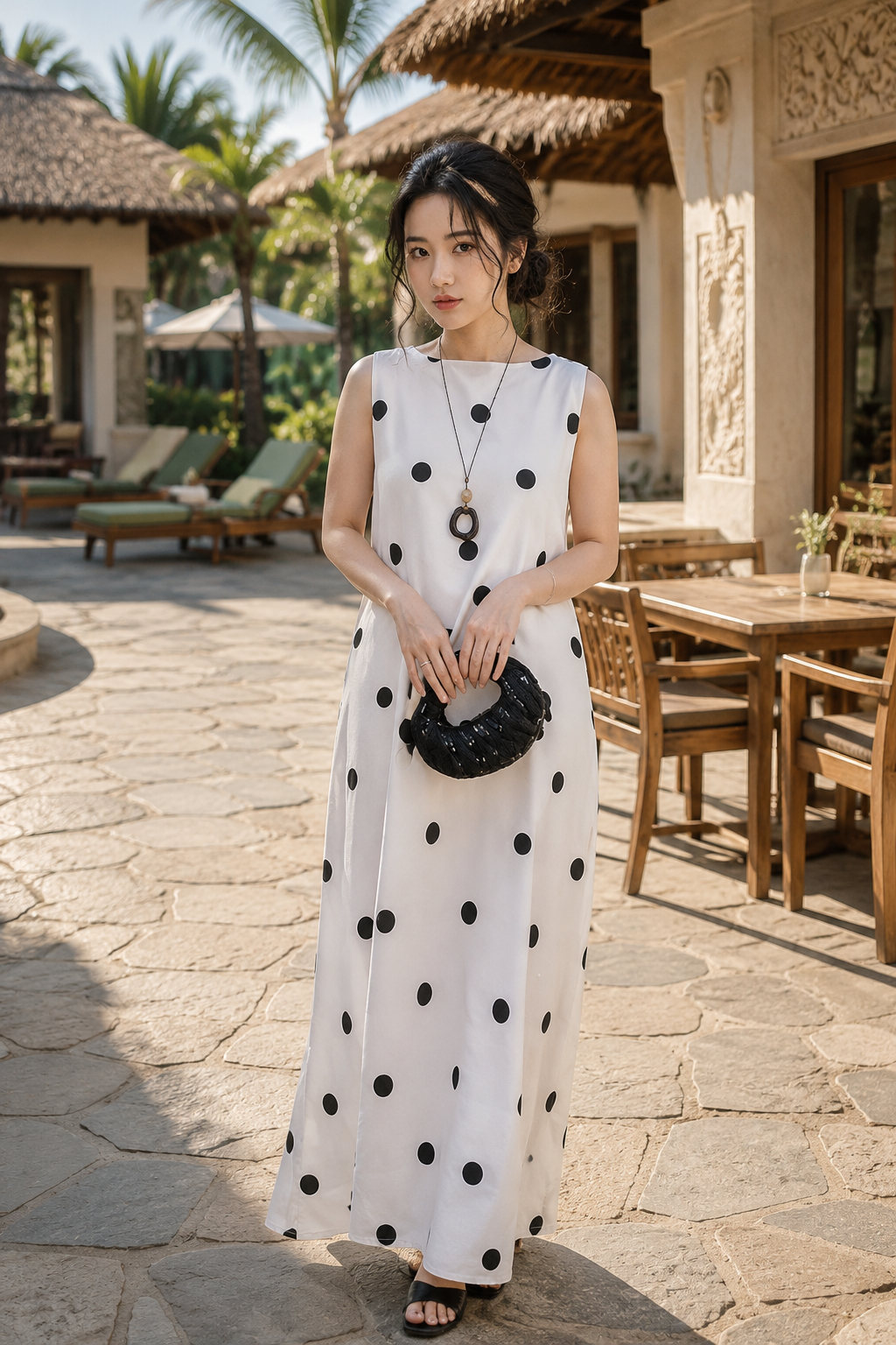MAXI SUÔNG KEM CHẤM BI CỔ V SAU LƯNG THẮT NƠ TN3319