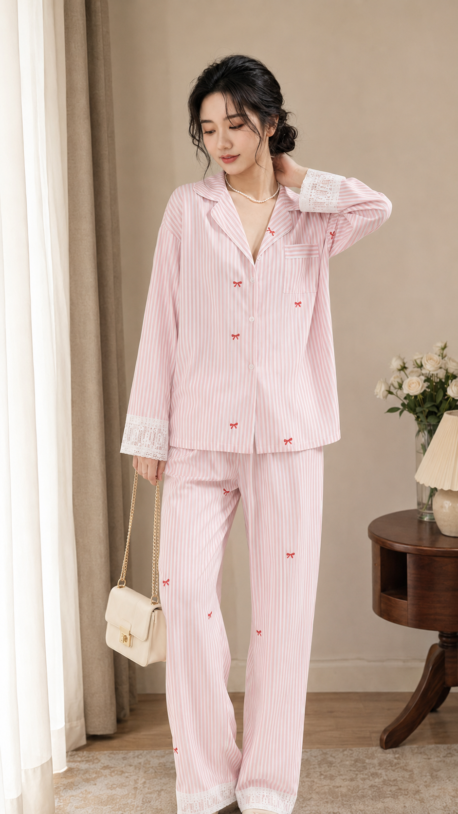 Pijama Bộ Ngủ Cao Cấp Sọc Hồng Mix Ren TN1706