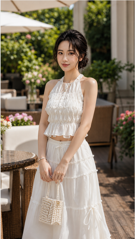 SET áo voan nude cổ tếm nhún bèo + CV midi đính bông TN3264