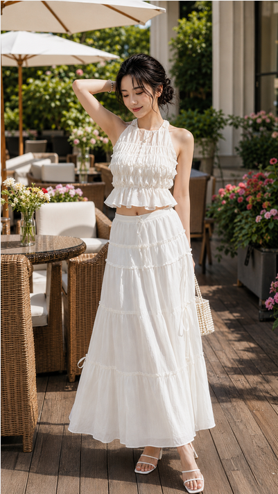 SET áo voan nude cổ tếm nhún bèo + CV midi đính bông TN3264