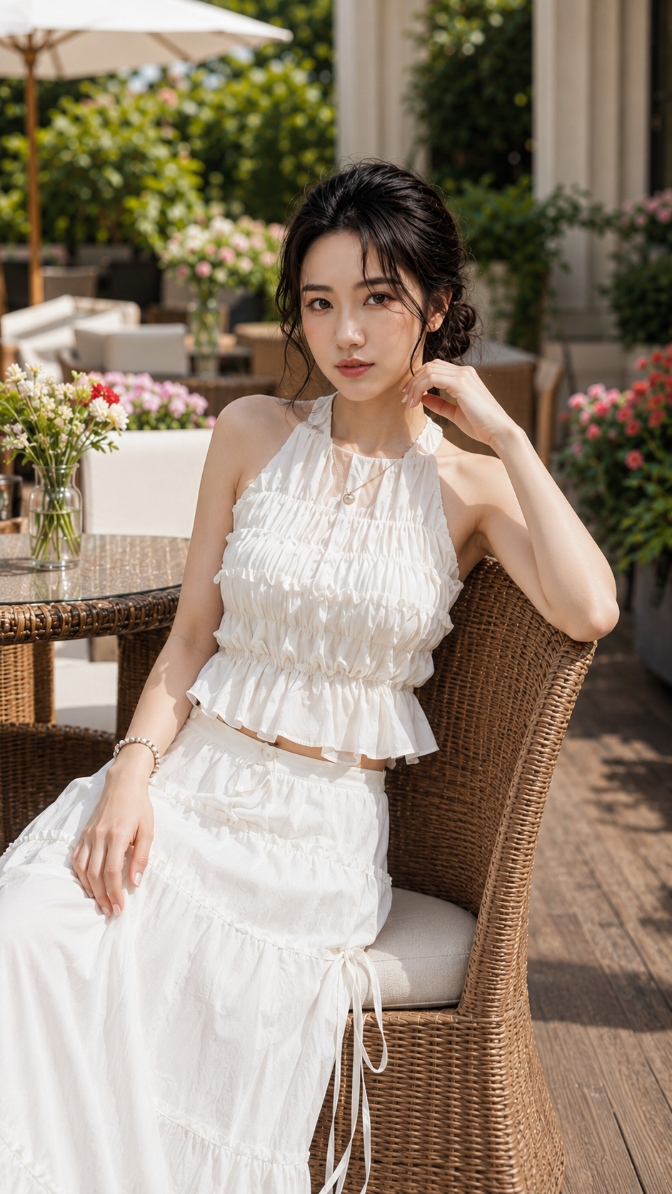 SET áo voan nude cổ tếm nhún bèo + CV midi đính bông TN3264