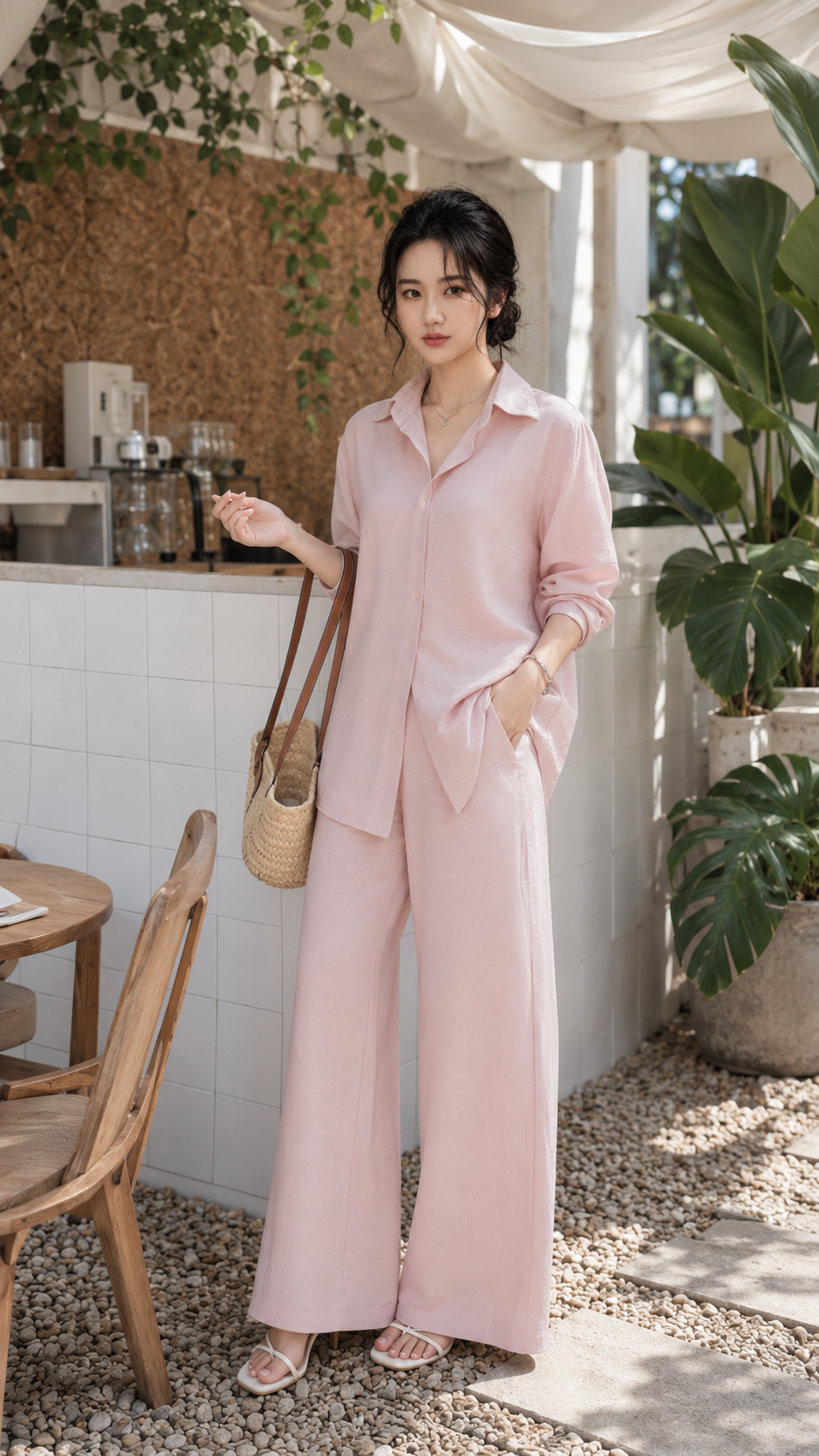 Set Áo Sơ Mi + Quần Ống Suông Chất Liệu Tơ Xược Xịn Mát, Tặng Áo Ống
