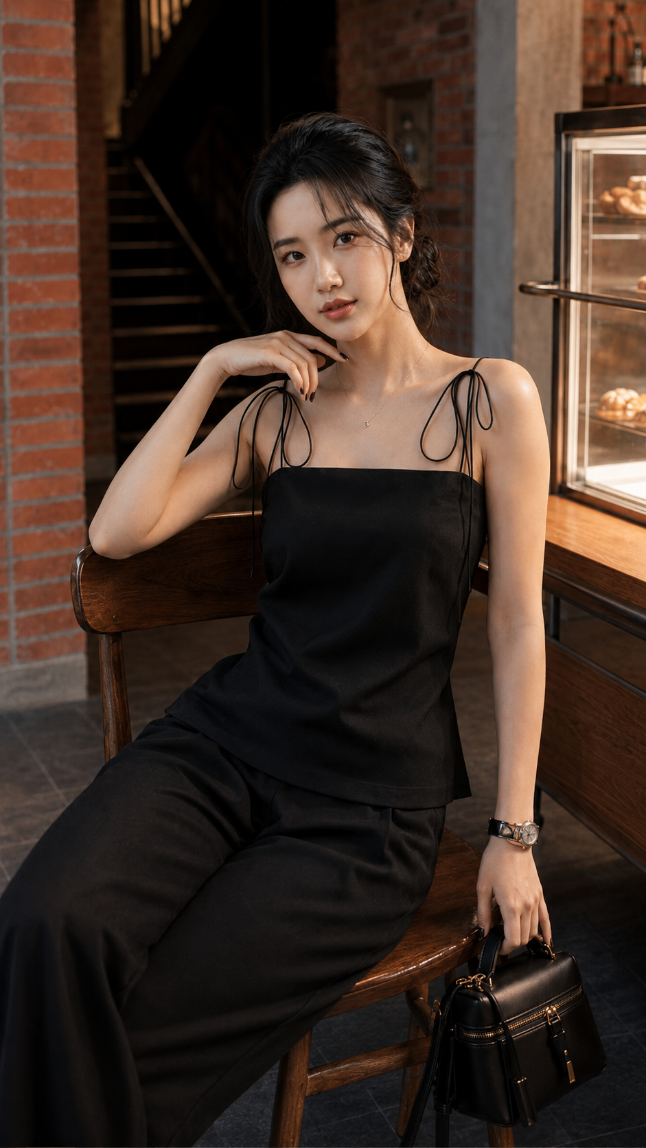 Set DOLL đen ren hoa 2s cột vai thắt nơ + quần suông TN3218