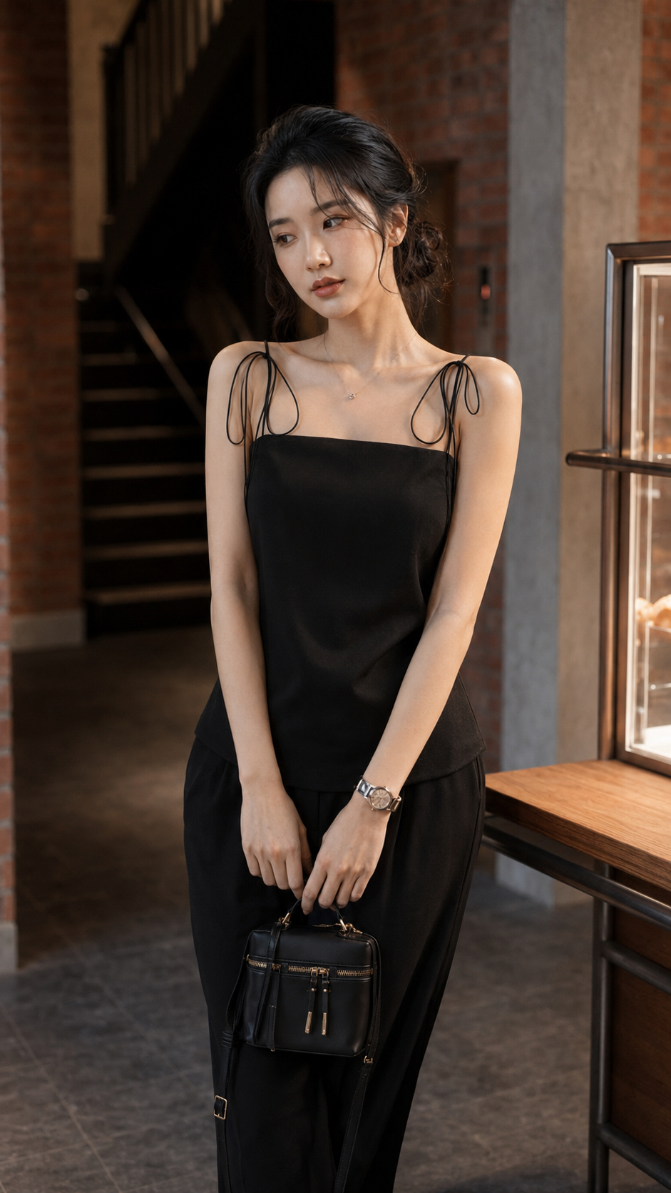 Set DOLL đen ren hoa 2s cột vai thắt nơ + quần suông TN3218