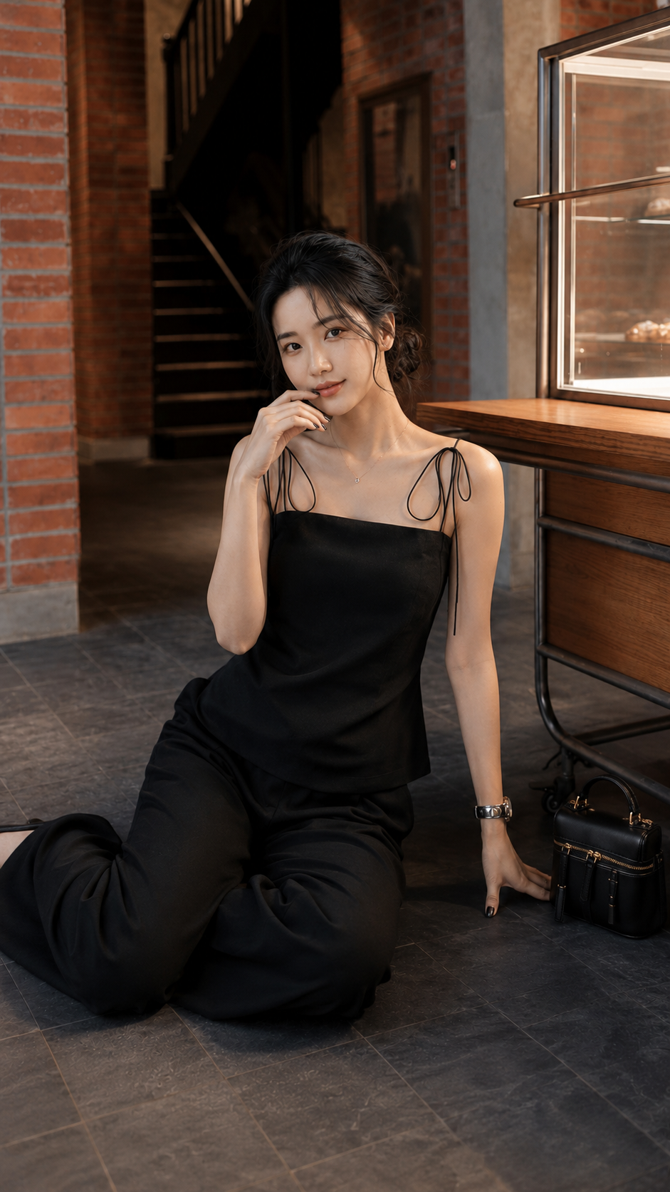 Set DOLL đen ren hoa 2s cột vai thắt nơ + quần suông TN3218