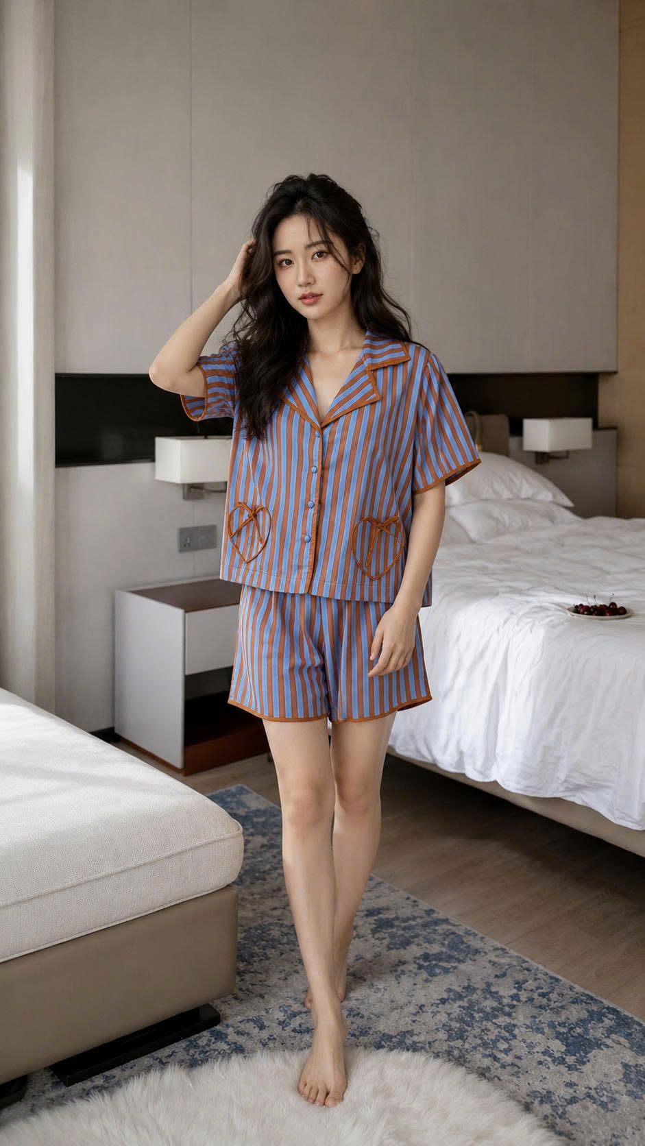 Set Sọc Ngắn Tay Mix Màu Nâu và Xanh Túi Trái Tim