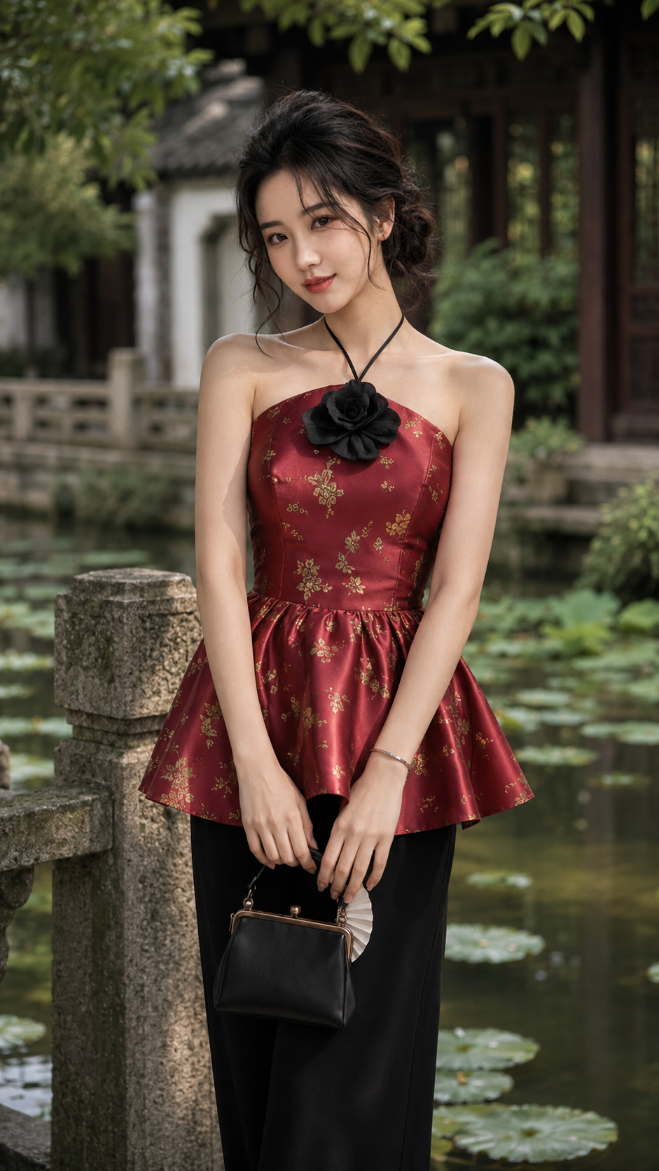 Set Yếm gấm đỏ đính hoa dáng peplum có mút kèm quần suông lụa TN3087