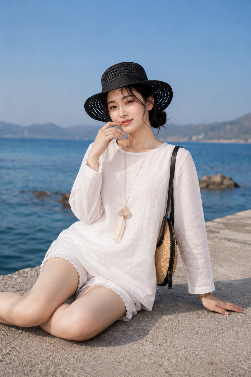 Set áo trắng cổ tròn td nút tàu + short TN3215