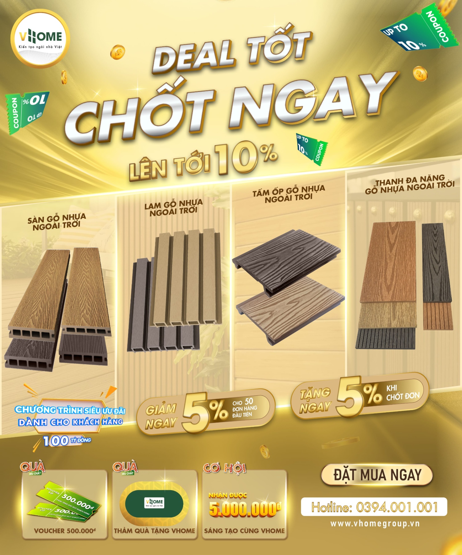 CHỈ 50 KHÁCH HÀNG ĐẦU TIÊN MUA CÁC SẢN PHẨM GỖ NHỰA NGOÀI TRỜI NHẬN ĐƯỢC ƯU ĐÃI 10%