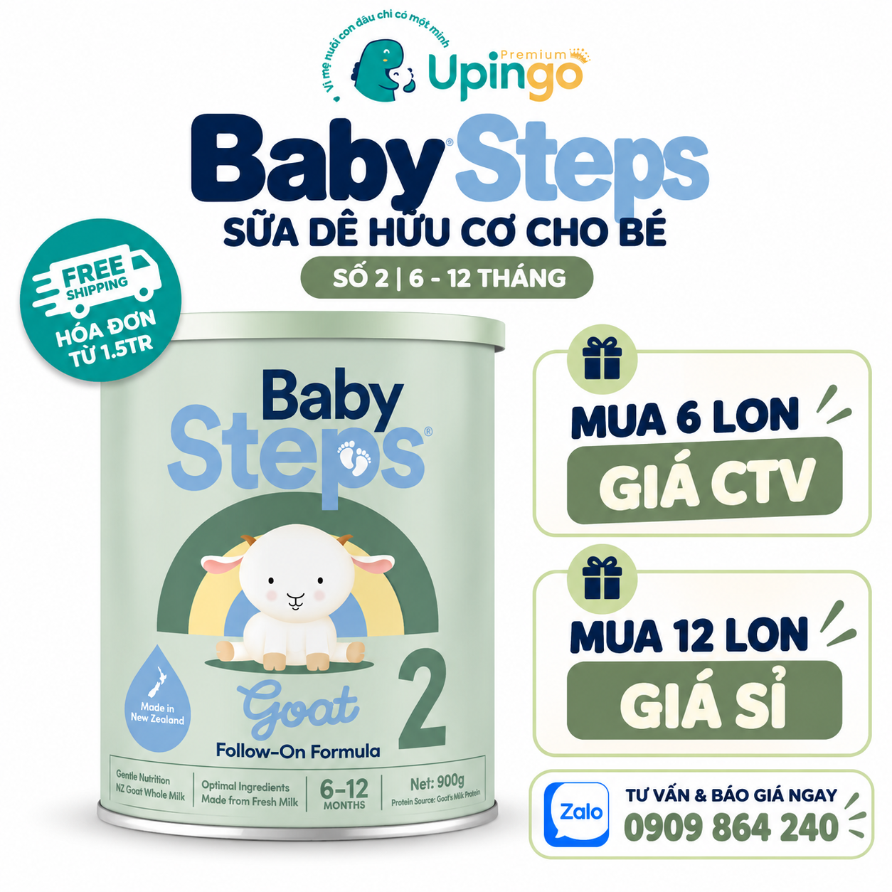 Sữa dê Baby Steps số 2 900g – Sữa dê công thức New Zealand cho bé 6–12 tháng