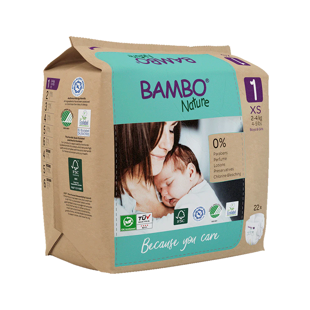 Tã dán Bambo Nature Đan Mạch Size XS (2-4 kg / 4-9 lbs) – Gói 22 miếng