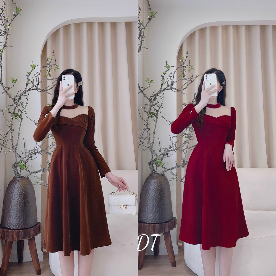 Váy nhung kiểu sơ mi chất liệu nhung the nhập khẩu Hàn Quốc