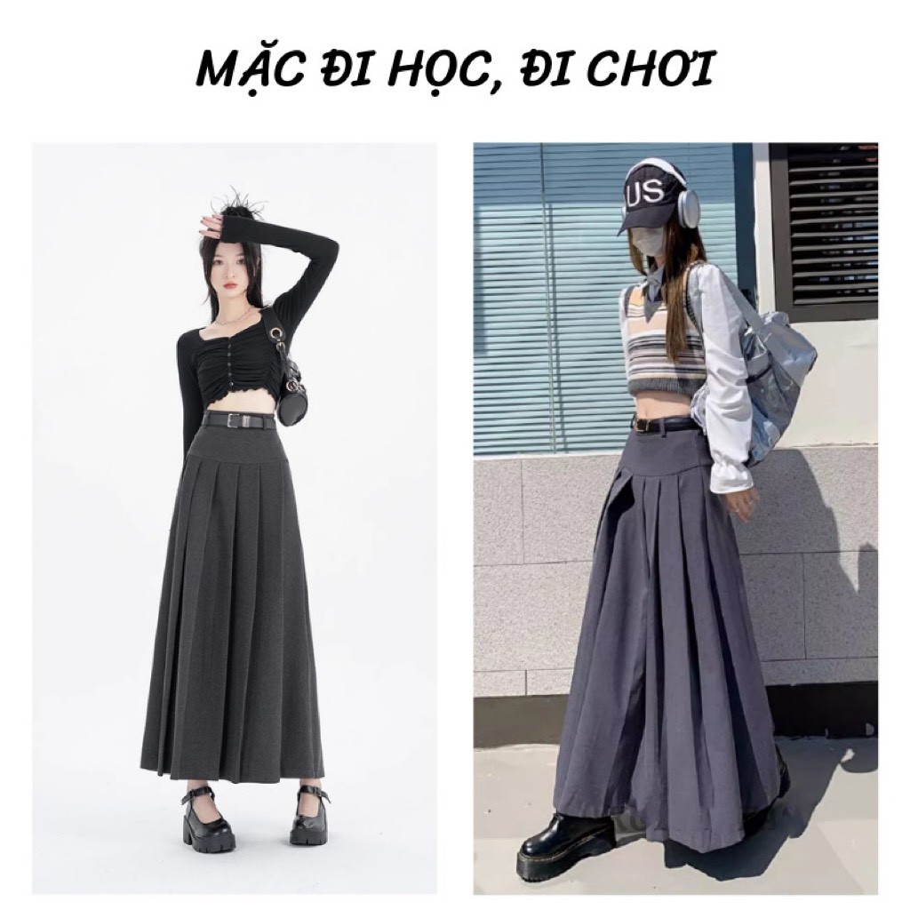 Chân Váy MÃ 0080 Dáng Dài Xếp Ly Hai Màu Đen Ghi Dài 90cm