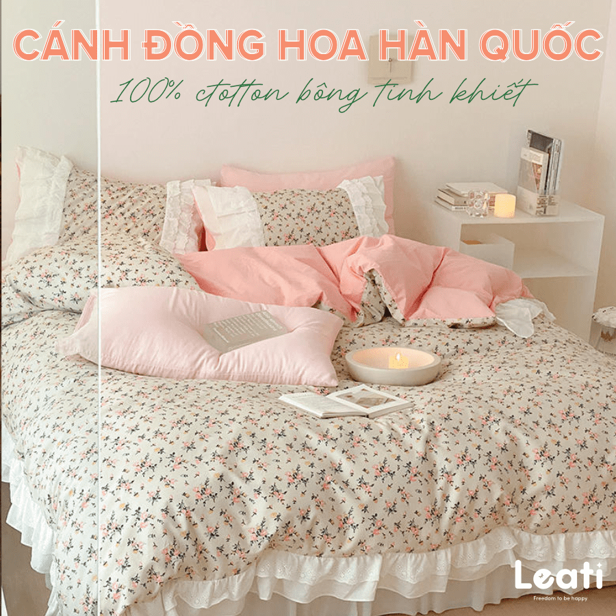 Bộ ga gối Hàn Quốc + vỏ chăn cánh đồng hoa, ga hồng san hô(ga 1.8mx2m,chăn 2m*2.3m)