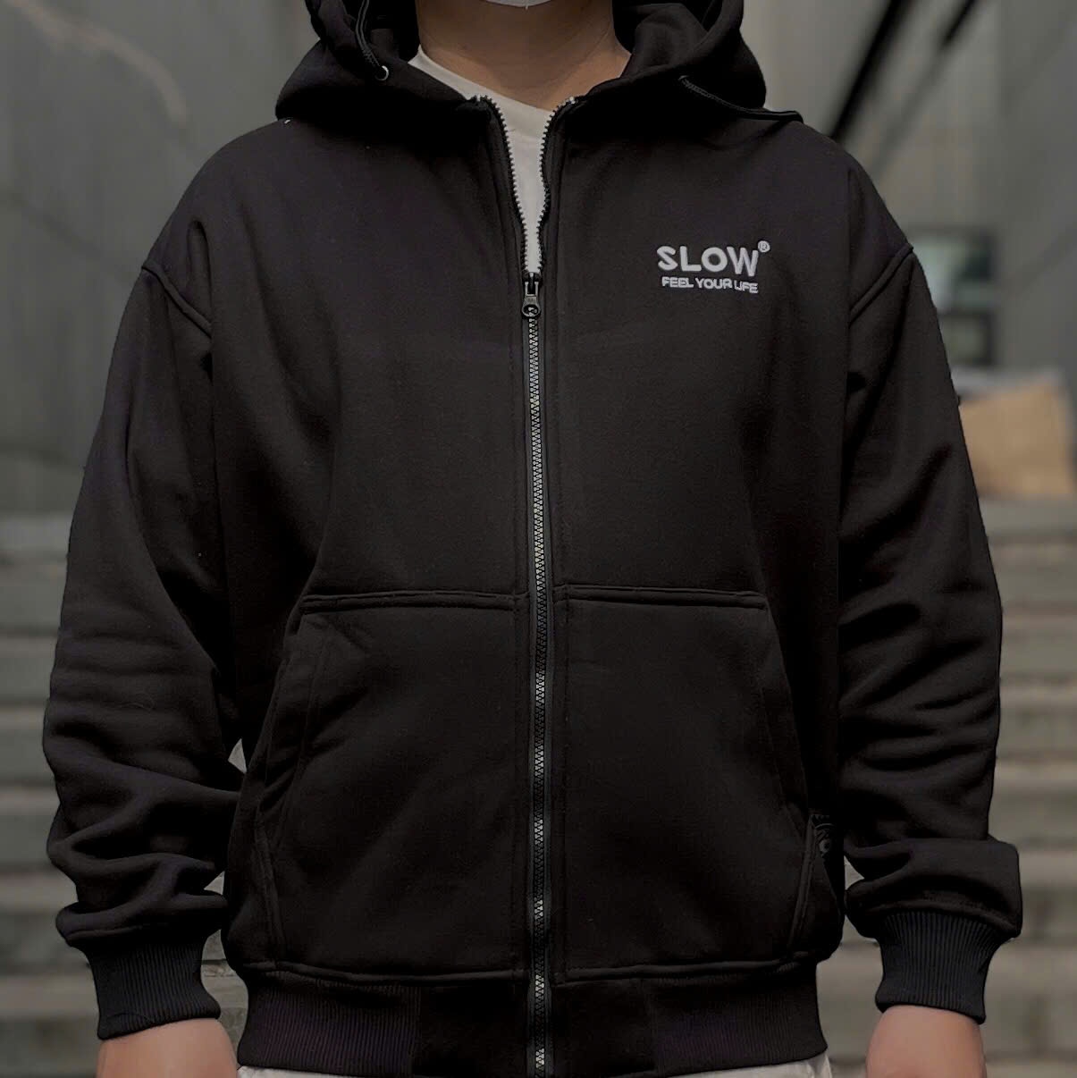 Hoodie zipper slow studio - Black