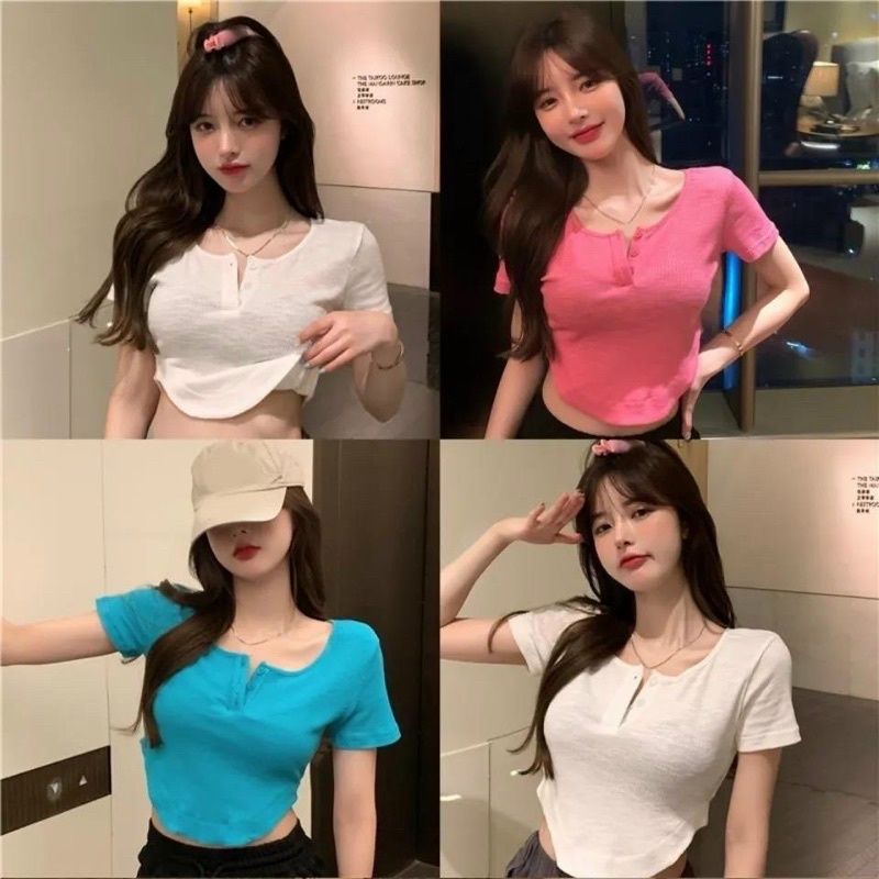 Áo Croptop ôm body cổ V cài khuy - Mã 006