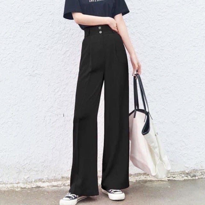 Quần Ống Suông- Quần Culottes Hai Khuy Cạp Siêu Cao Tôn Dáng