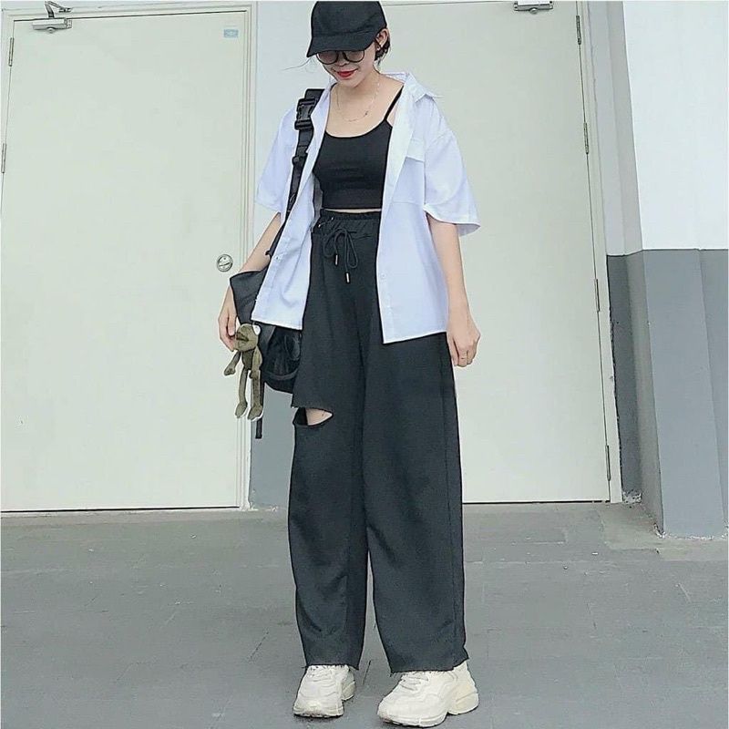 QUẦN ỐNG RỘNG RÁCH ĐÙI LAI TƯA ULZZANG UNISEX m602