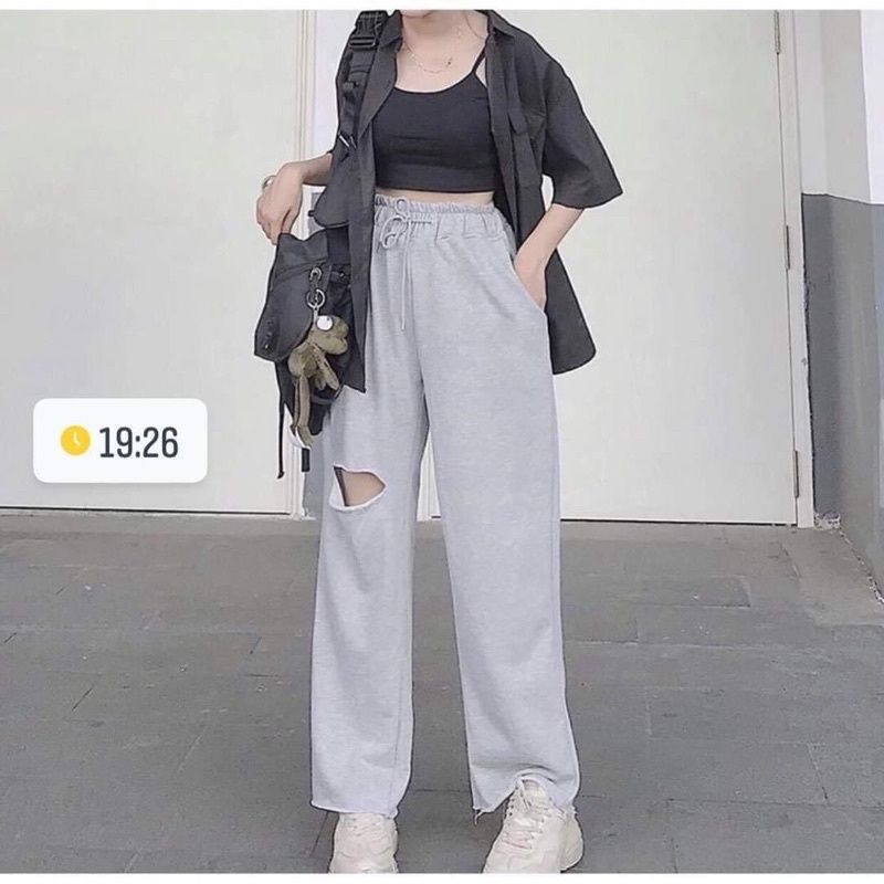 QUẦN ỐNG RỘNG RÁCH ĐÙI LAI TƯA ULZZANG UNISEX m602