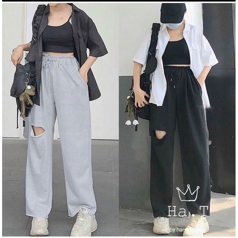 QUẦN ỐNG RỘNG RÁCH ĐÙI LAI TƯA ULZZANG UNISEX m602