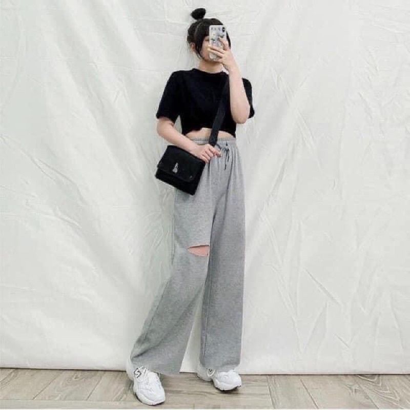 QUẦN ỐNG RỘNG RÁCH ĐÙI LAI TƯA ULZZANG UNISEX m602