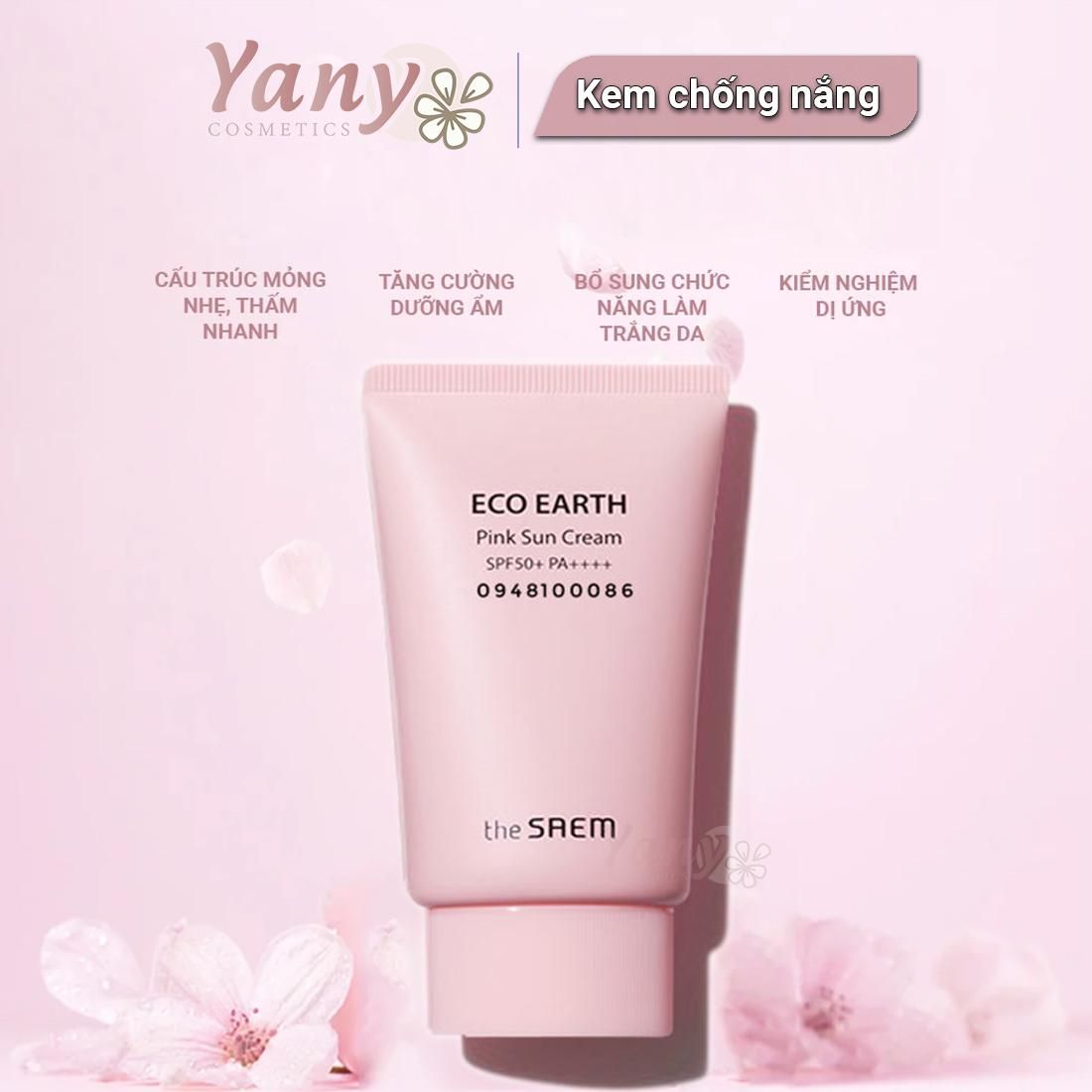 Kem Chống Nắng Giúp Da Sáng Hồng Tự Nhiên The Saem Eco Earth Power Pink Sun Cream SPF50+/PA++++ 50ml, Yany Cosmetics