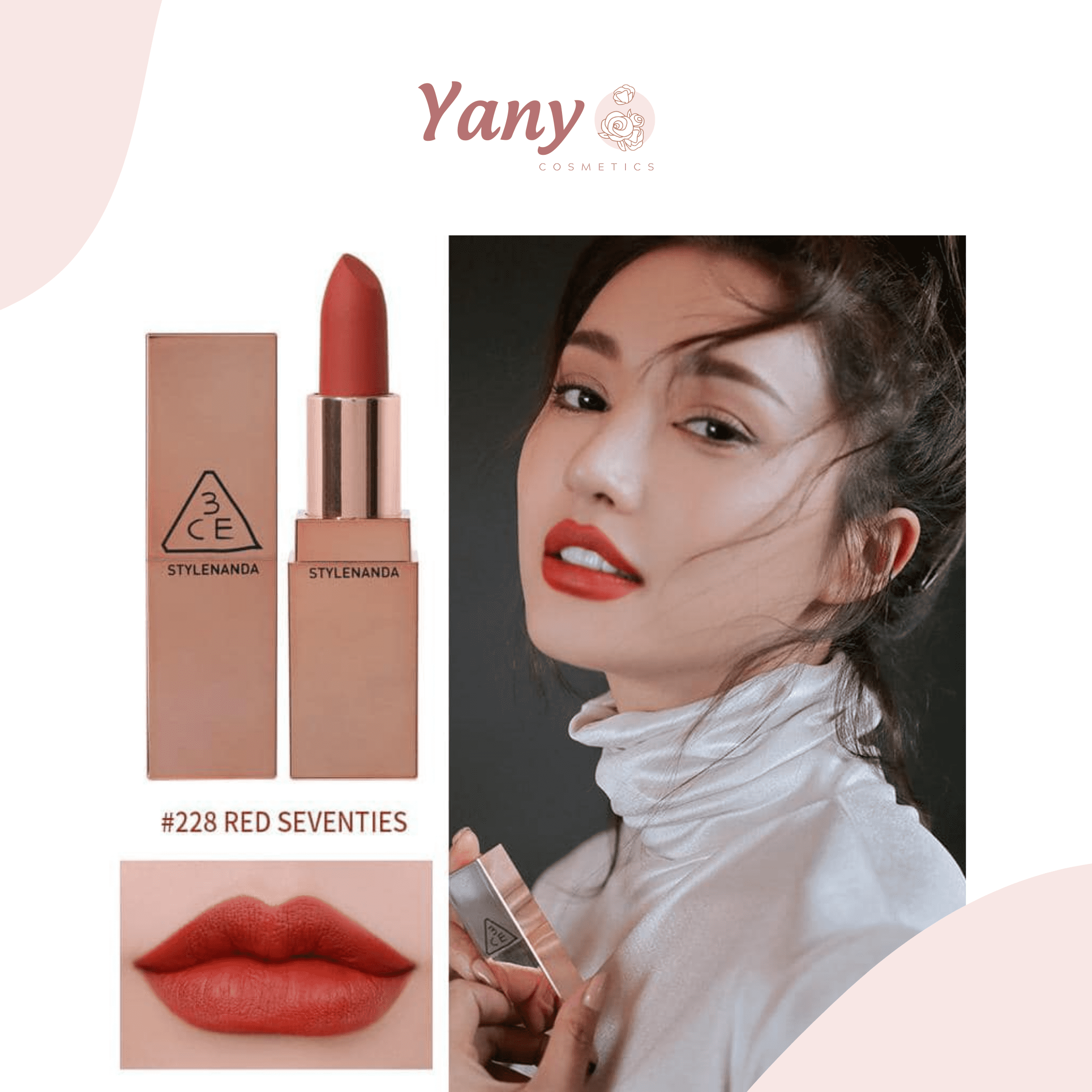 Son 3CE Matte Lip Color Màu 228 Red Seventies – Đỏ Đất