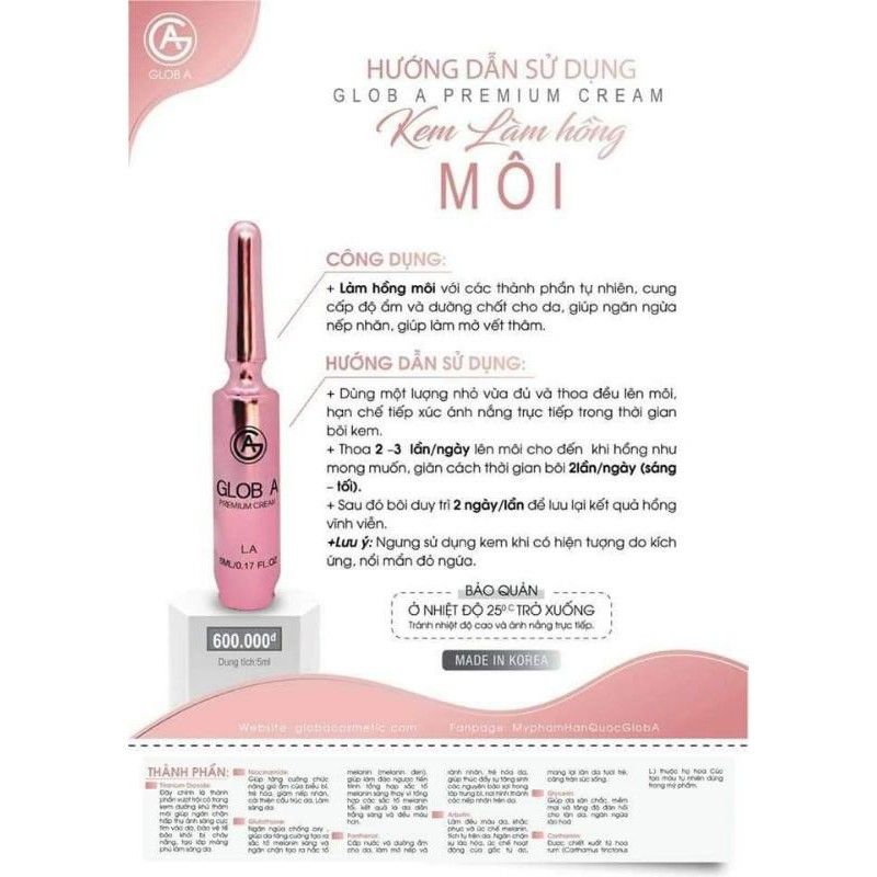 Kem Xóa Thâm, Làm Hồng Môi Glob A Premium Cream LA 5ml Hàn Quốc