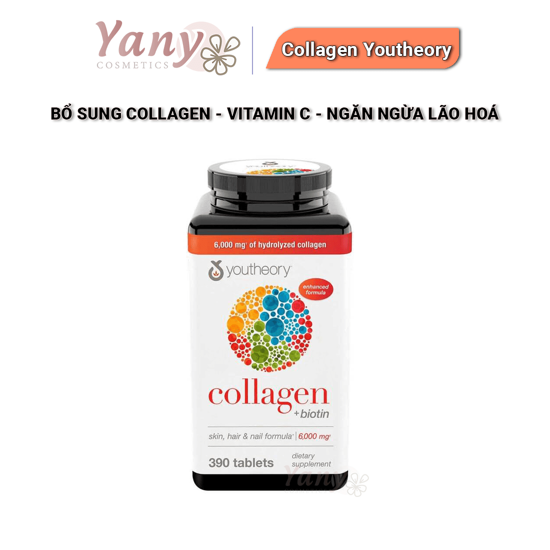 Viên Uống Youtheory Collagen Biotin 390 Viên Tuyp 1,2 & 3 6000mg+ Mỹ