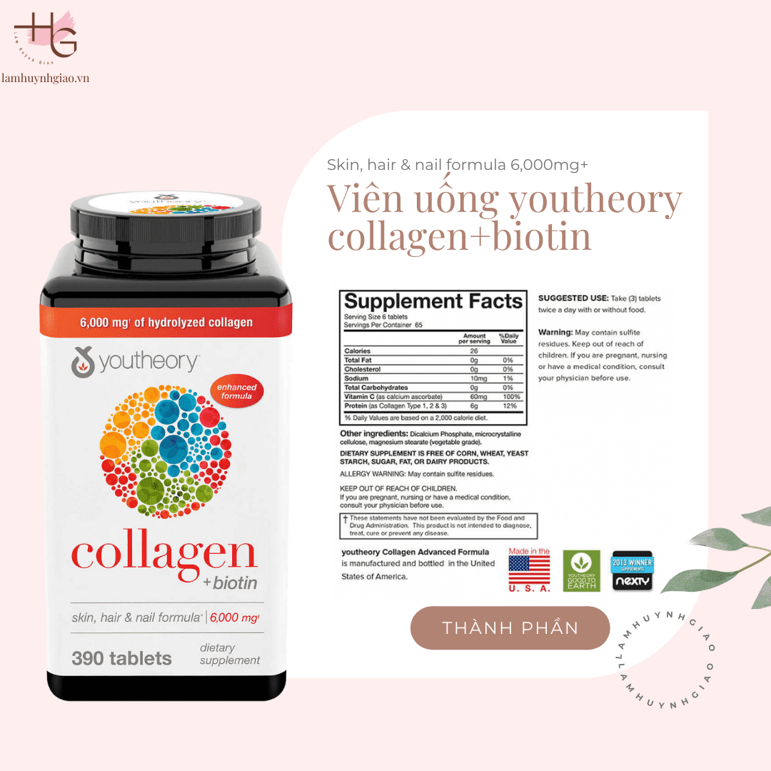 Viên Uống Youtheory Collagen Biotin 390 Viên Tuyp 1,2 & 3 6000mg+ Mỹ