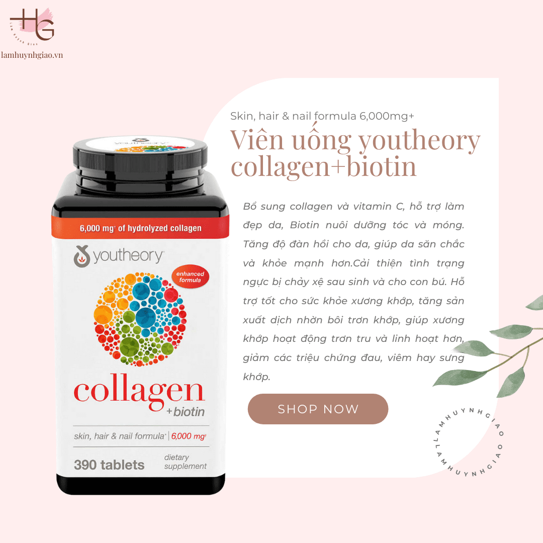 Viên Uống Youtheory Collagen Biotin 390 Viên Tuyp 1,2 & 3 6000mg+ Mỹ