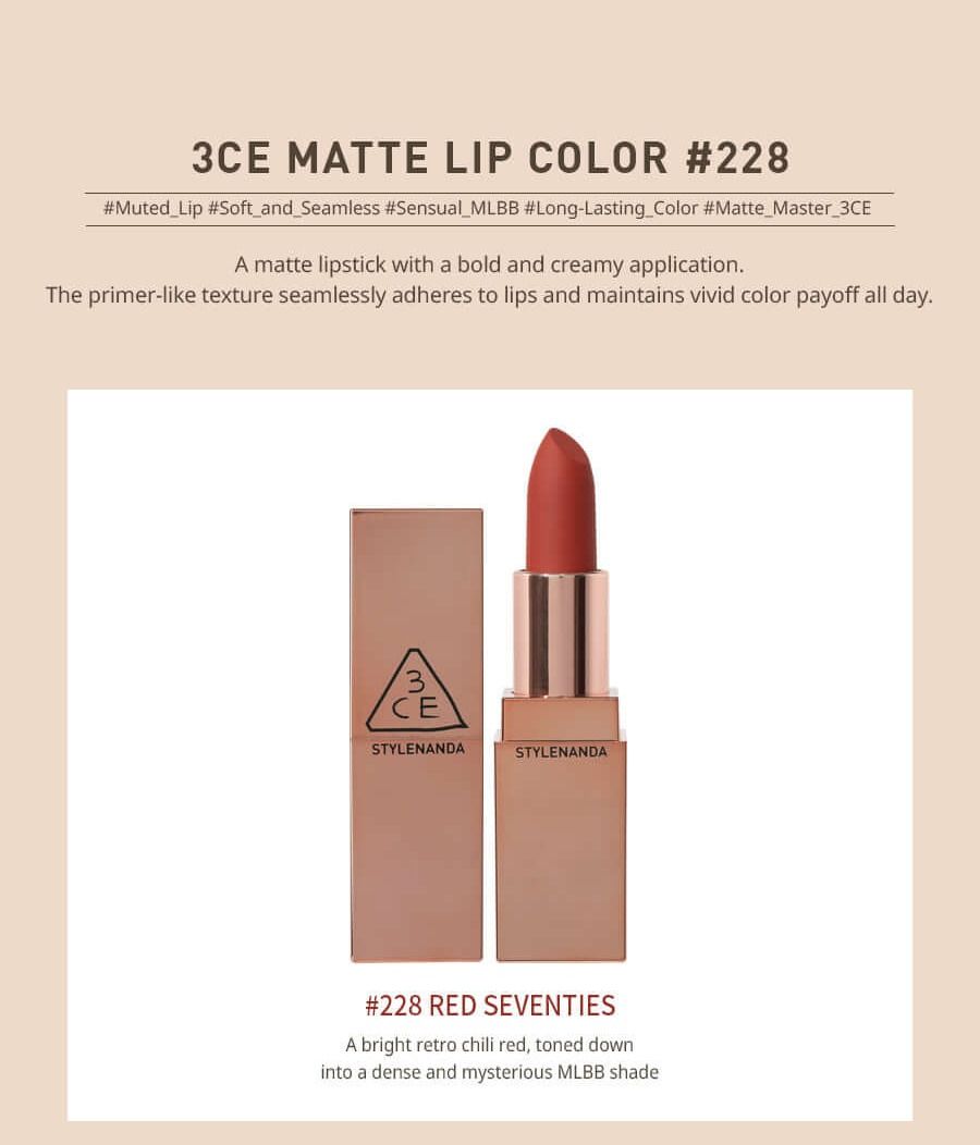 Son 3CE Matte Lip Color Màu 228 Red Seventies – Đỏ Đất