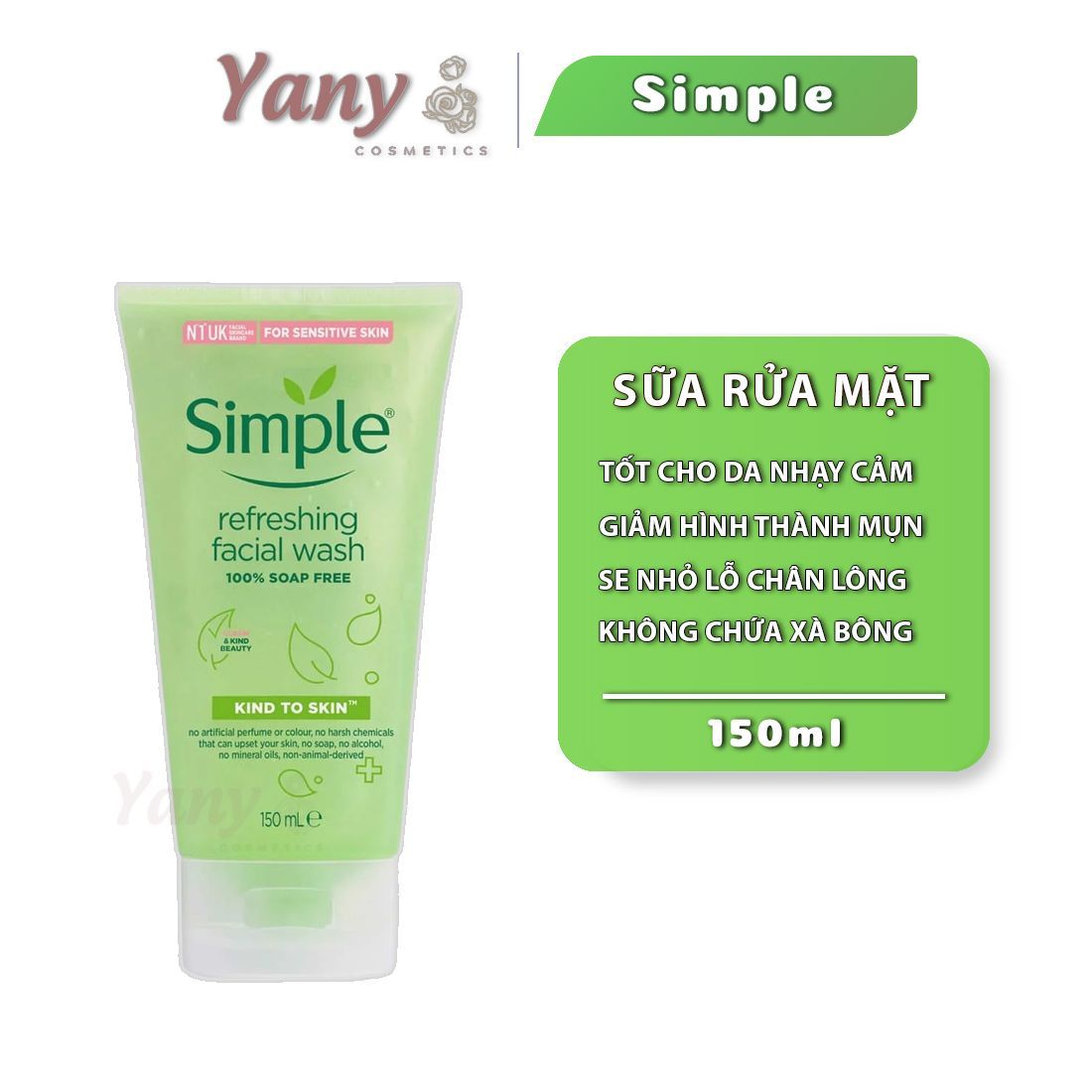 Sữa rửa mặt Simple Refreshing Facial Wash 150ml, dưỡng ẩm, cho da nhạy cảm, Yany Cosmetics